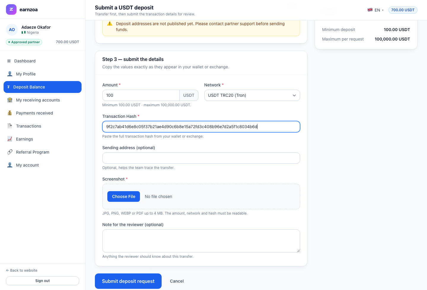 Deposit your USDT balance
